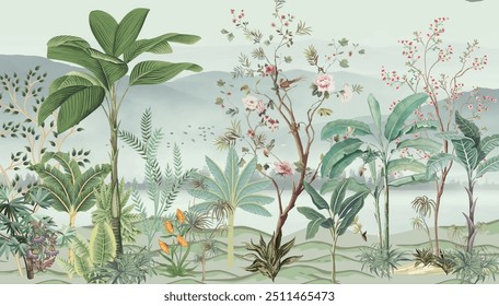 Mural de pared tropical para decoración, Chinoiserie Floral Tree Wall Mural.