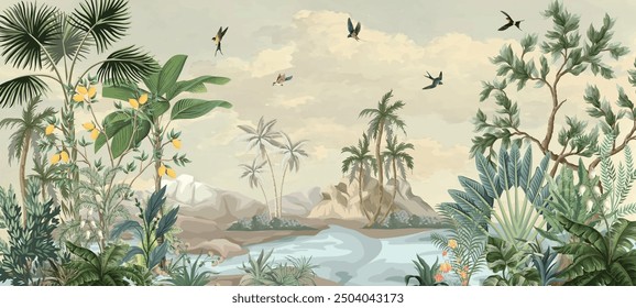 Tropical Wall Mural Design, Tropical plant, River , Sky, Watercolor tropical plant Background.