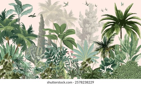 Tropical Wall Mural, Tropical Garden Wallpaper Illustration, Tropical Tree.