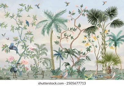 Tropical wall Mural Illustration, Hand painted Illustration for wall mural, Tropical plant, birds, Peacock.