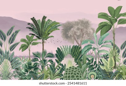 Tropical Wall Mural Illustration, Wallpaper, Watercolor Background.