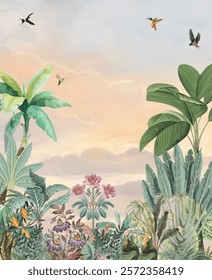 Tropical Wall Mural Illustration, Wallpaper Illustration, Garden Wall Mural wallpaper, Mughal Garden Illustration.