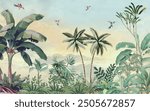 Tropical Wall Mural, Tropical Landscape Mural Design, Plam Trees, Birds, Peacock, Watercolor Background.