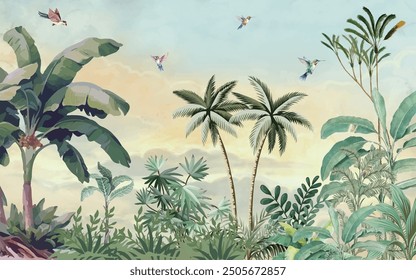 Mural de pared tropical, diseño de mural de paisaje tropical, palmeras, pájaros, pavo real, fondo de acuarela.