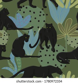 Tropical wallpaper with black Panthers in jungle - seamless background for printing on fabric