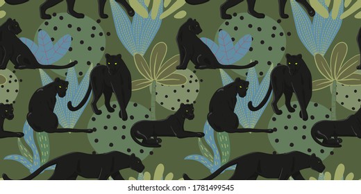 Papel de pared tropical con panteras negras en la jungla - fondo transparente para imprimir en tela