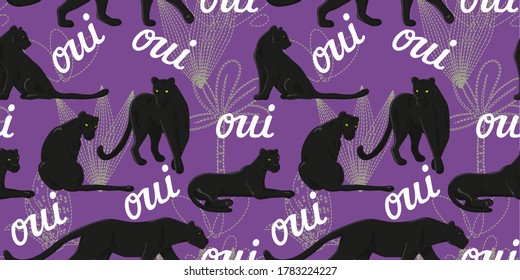 Tropical wallpaper with black Panthers in jungle - seamless background for printing on fabric. Sign "oui"