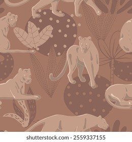 Tropical wallpaper with black Panthers in jungle - seamless background for printing on fabric with trend color Mocha Mousse