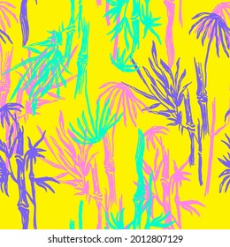 Tropical wallpaper with bright neon plants. Floral texture with silhouettes bamboo leaves. Hawaiian dark purple seamless pattern background. Swimwear design vector illustration.