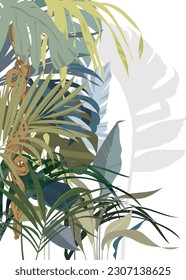 Tropical wallpaper in colorful and multicolor colors. Jungle, and Jungalow Style. Palm leaves, bamboo, monstera and banana leaves