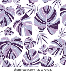Tropical wallpaper with colorful plants. Tropic purple seamless pattern on white background. Swimwear design vector illustration.