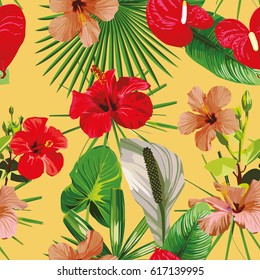 Tropical wallpaper composition of different flowers and leaves. Seamless vector pattern on a yellow background