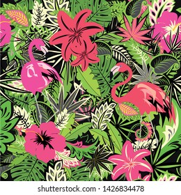Tropical wallpaper with exotic flowers and leaves and pink flamingo 