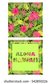 Tropical wallpaper with exotic leaves and flowers and shirt print with hawaii lettering