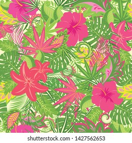 Tropical wallpaper with lily and hibiscus flowers, monstera, palm branch and exotic leaves for fabric, textile, wrapping paper, greeting card, invitation, summer party, web design