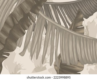 Tropical wallpaper in monochrome colors. Jungle, and Jungalow Style. Palm and banana leaves. Vector illustration fashion trendy background.