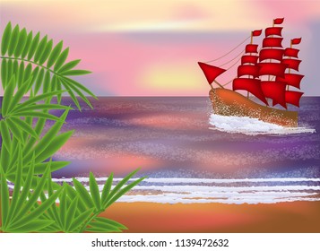 Tropical wallpaper with sacrlet sailing vessel , vector illustration
