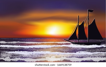 Tropical wallpaper with sailboat, vector illustration