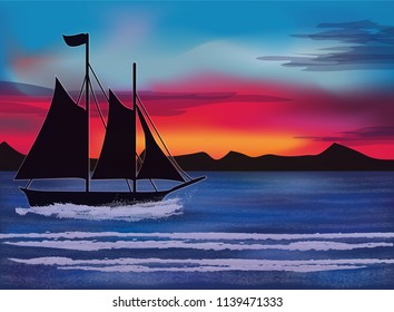 Tropical wallpaper with sailing vessel, sea and mountains , vector illustration