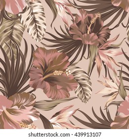 tropical wallpaper.
seamless vector floral allover pattern in monochromatic palette. 
Sepia tropical flowers and leaves in an intense layout. 