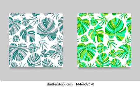 Tropical wallpaper set with colorful plants. Jungle blue and green seamless pattern on white background. Swimwear design vector illustration.