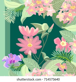 Tropical water garden. Silk scarf with flowers and leaves on dark green background. Vintage textile collection.