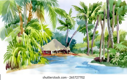 Tropical watercolor beach with palm trees and hut vector illustration
