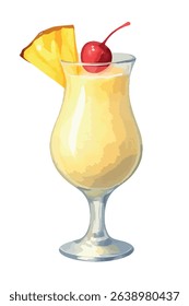 Tropical watercolor Piña Colada cocktail illustration with pineapple and cherry garnish. Vector isolated on white. Perfect for bar menus, summer drink ads, and exotic beverage designs.