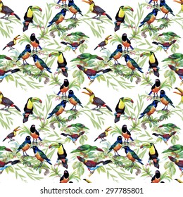 Tropical watercolor floral seamless pattern with birds and leaves on white background vector illustration