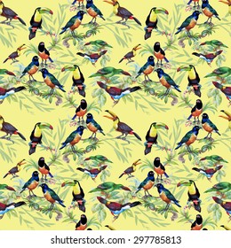 Tropical watercolor floral seamless pattern with birds and leaves on yellow background vector illustration