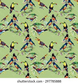 Tropical watercolor floral seamless pattern with birds and leaves on green background vector illustration