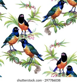 Tropical watercolor floral seamless pattern with birds and leaves on white background vector illustration