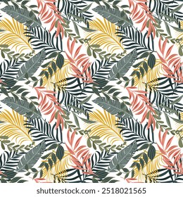 Tropical watercolor tropical leaves filled with animal print background. Colorful palm leaves with leopard, zebra textures seamless pattern. Hand painted summer art illustration