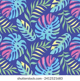 Tropical watercolor pattern with blue background. Seamless graphic design with amazing tropical leaves. perfect for fashion and decoration