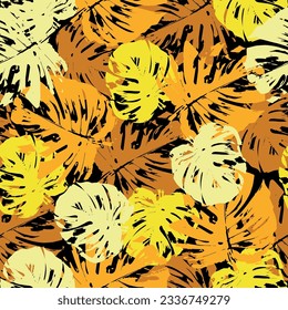 Tropical watercolor pattern with colorful palm and monstera leaves on a dark background. Trendy print for summer. Purple Continuous Color Flora Textile Wallpaper.