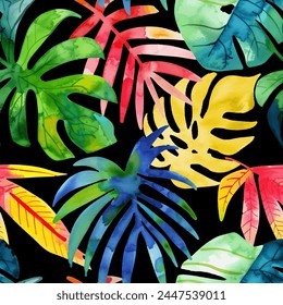 Tropical watercolor pattern with dark background. Seamless graphic design with amazing tropical leaves. perfect for fashion and decoration