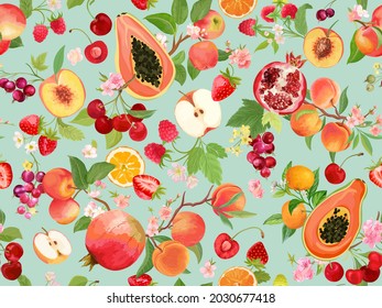 Tropical watercolor peach, strawberry, black currant, cherry, apple, mandarin, orange seamless background. Summer exotic fruits, flowers pattern. Vector illustration cover, wallpaper texture, backdrop