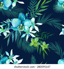 Tropical watercolor seamless pattern of exotic flowers. Jungle palm leaves background.