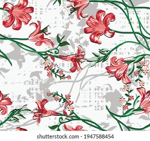 Tropical watercolor summer print. Hawaii foliage decoration. Flower seamless pattern, Orange red floral bloom garden bouquet. vector tiny alstroemeria branch background. Flower arrangement design