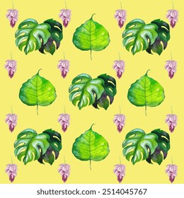 Tropical Watercolor Vector Flowers Seamless Pattern. Summer Clothes Watercolor Flowers Vector Pattern. Retro Seamless Floral Background. Jungle Botanical Texture. Hand Painted Tropic Textile Design.