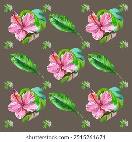 Tropical Watercolor Vector Flowers Seamless Pattern. Retro Seamless Floral Wallpaper. Hand Painted Hawaii Textile Design. Jungle Botanical Texture. Summer Clothes Watercolor Flowers Vector Pattern.