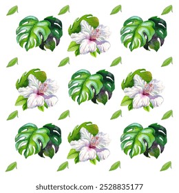 Tropical Watercolor Vector Flowers Seamless Pattern. Hand Painted Hawaii Clothes Design. Summer Fabric Watercolor Flowers Vector Pattern. Retro Seamless Floral Illustration. Jungle Botanical Texture.