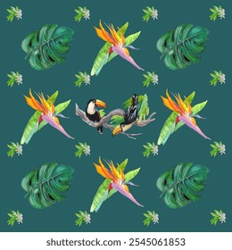 Tropical Watercolor Vector Flowers Seamless Pattern. Hand Painted Tropic Fabric Design. Summer Clothes Watercolor Flowers Vector Pattern. Retro Seamless Floral Background. Jungle Botanical Texture.