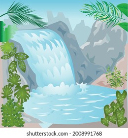 Trop[ical Waterfall Background and Illustration