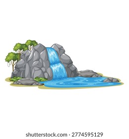 Tropical Waterfall and Blue Pond with Rocks and Trees, Nature Landscape Vector