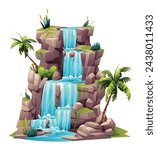Tropical waterfall cascade illustration. Vector cartoon isolated on white background