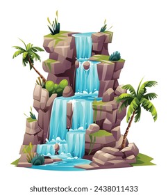 Tropical waterfall cascade illustration. Vector cartoon isolated on white background