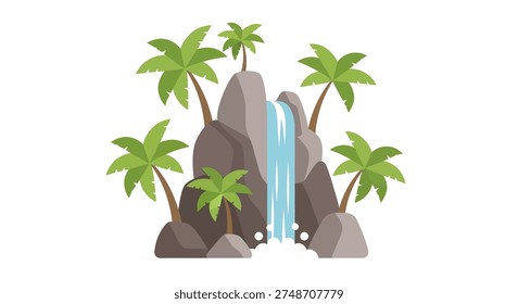 Tropical waterfall cascading between lush green palm trees and rugged rocks in vibrant daylight