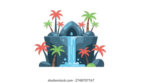 Tropical waterfall cascading into a pool surrounded by lush palm trees and vibrant red flowers in a serene island setting