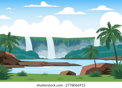 Tropical waterfall cascading into a river. A beautiful jungle landscape with a waterfall in the rocks, a mountain lake and palm trees. Vector illustration of a nature background.